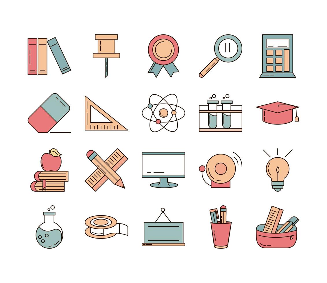 school education learn supply stationery icons set line and fill style icon vector