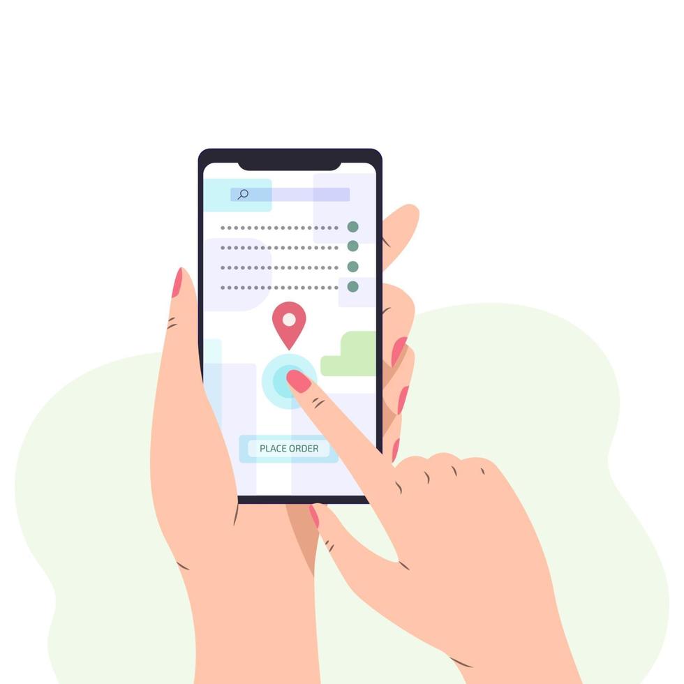 mano femenina que sostiene el teléfono inteligente con el mapa de la ciudad en la pantalla vector