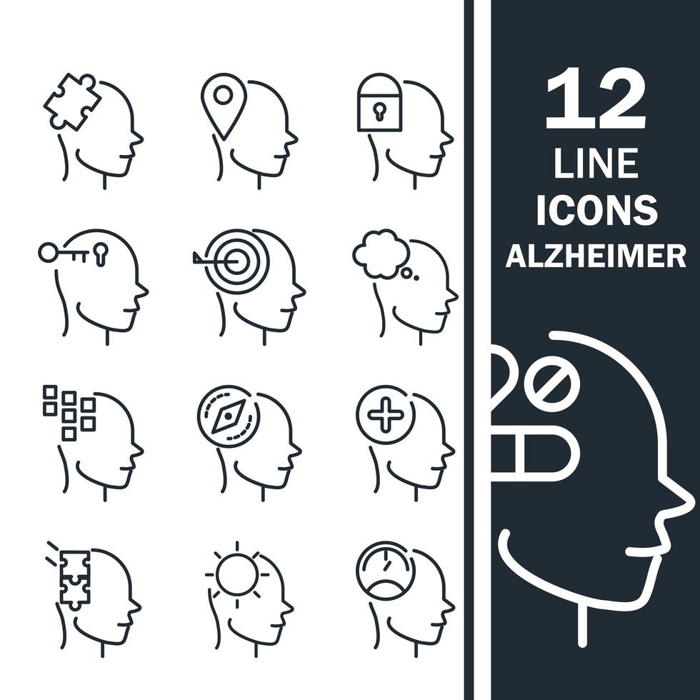 alzheimers disease neurological brain medical condition icons set line style icon vector