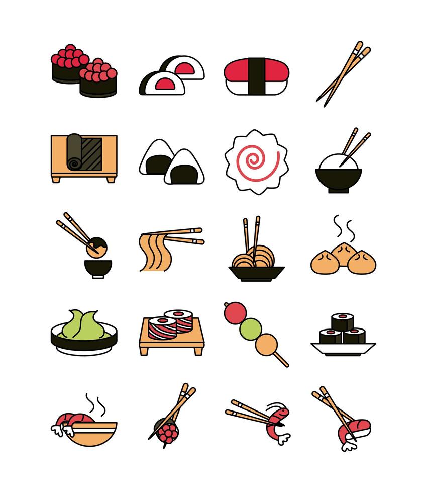 iconos de menú oriental de sushi establecen icono de estilo de línea y relleno vector