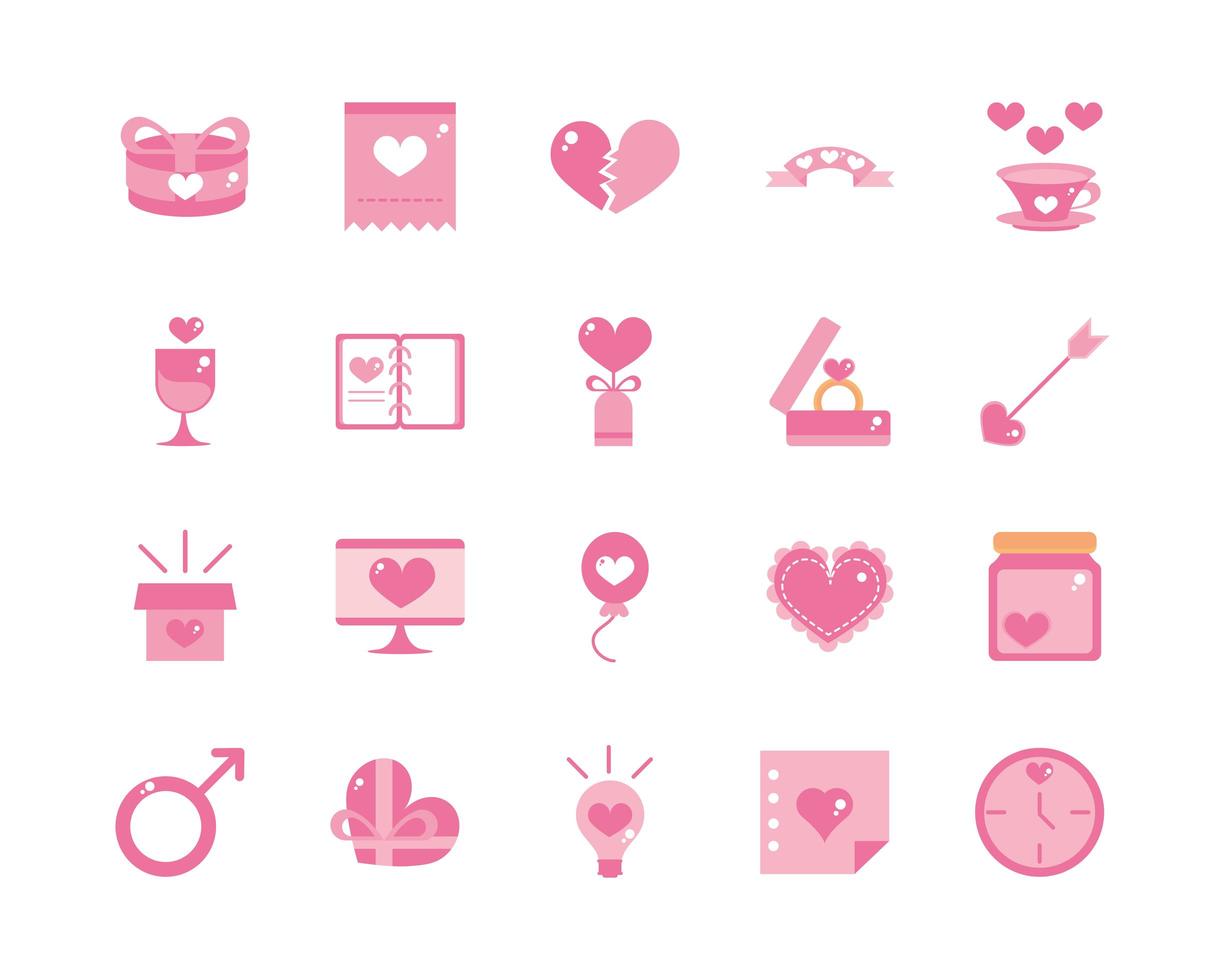 Feliz día de san valentín celebración decoración romántica conjunto de iconos de diseño rosa vector
