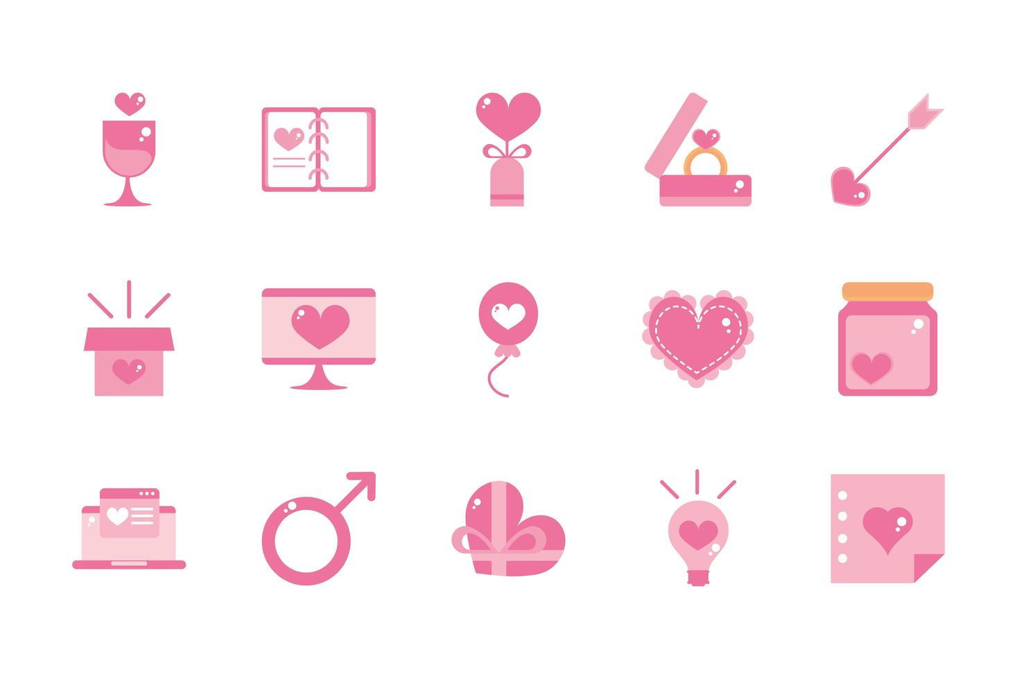 Feliz día de san valentín celebración decoración romántica conjunto de iconos de diseño rosa vector