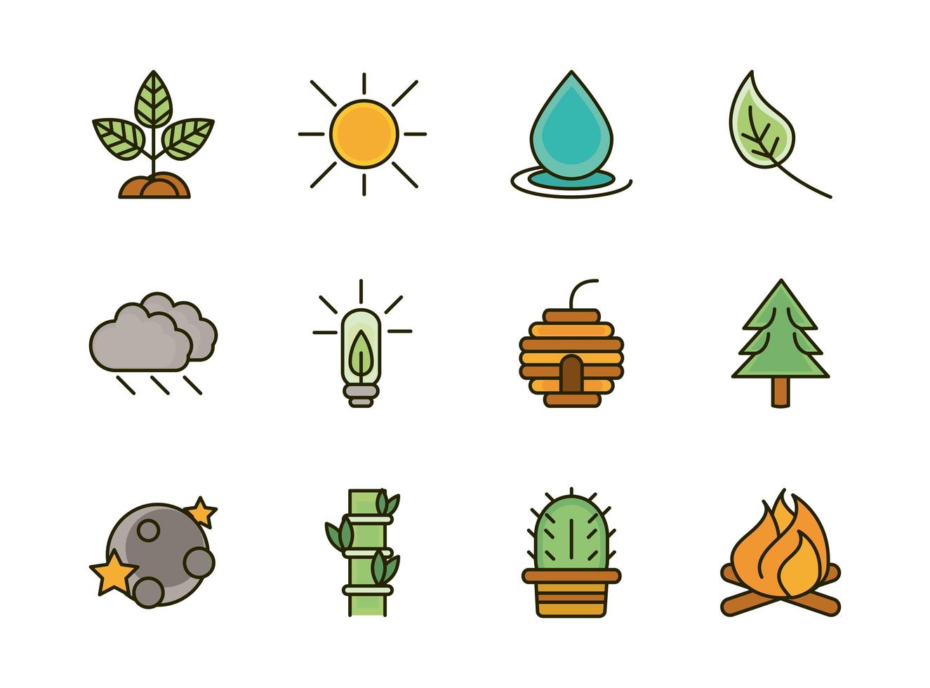 nature foliage botanical ecology drawing icons set vector