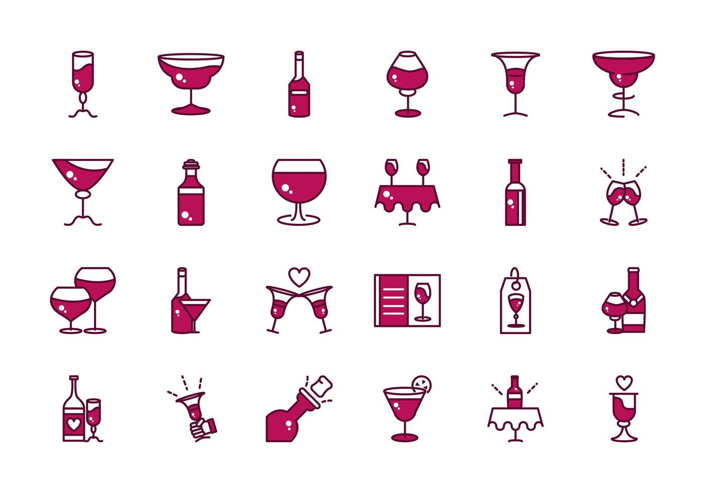 wine celebration drink beverage party event icons collection line and filled vector