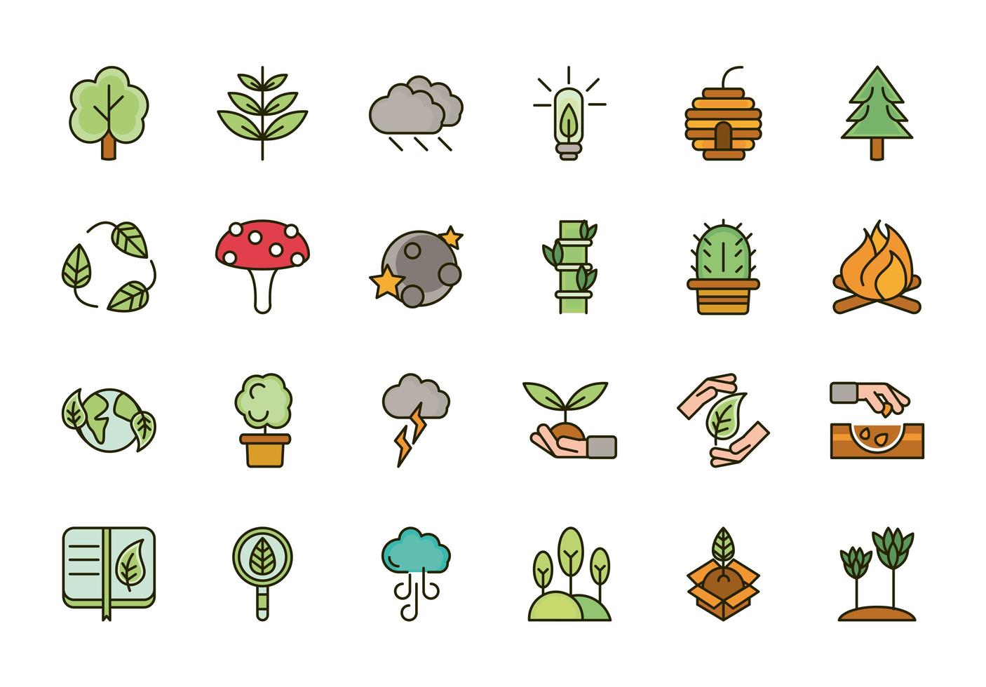 naturaleza, follaje, botánico, ecología, dibujo, iconos, conjunto vector