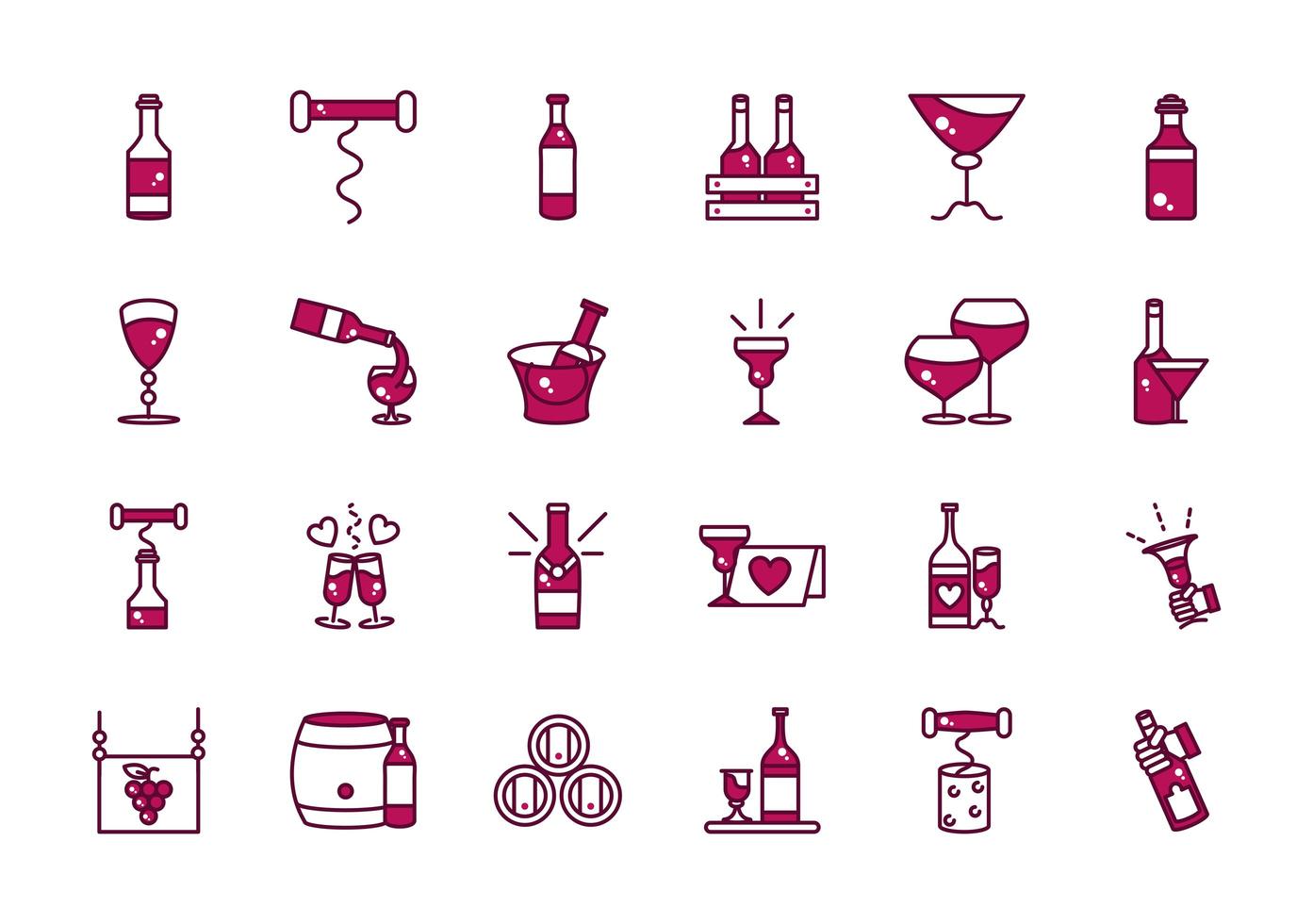 wine celebration drink beverage party event icons collection line and filled vector