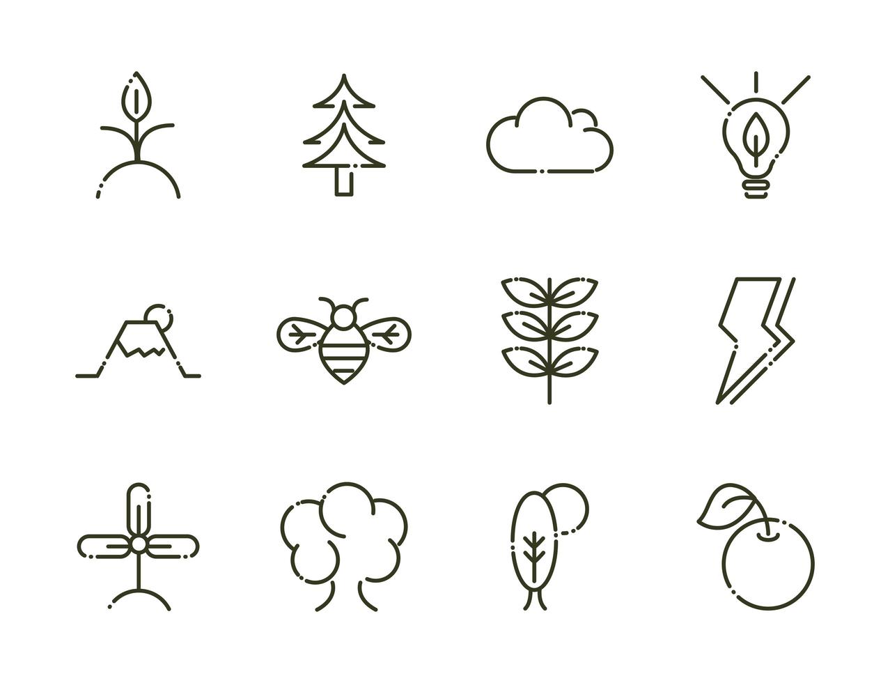 forest foliage ecology nature line design icons set vector