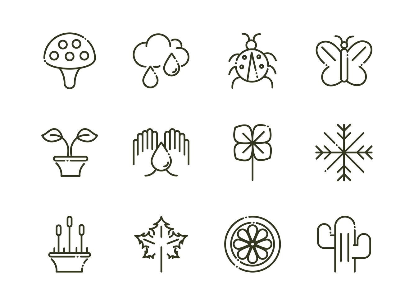 bosque, follaje, ecología, naturaleza, línea, diseño, iconos, conjunto vector