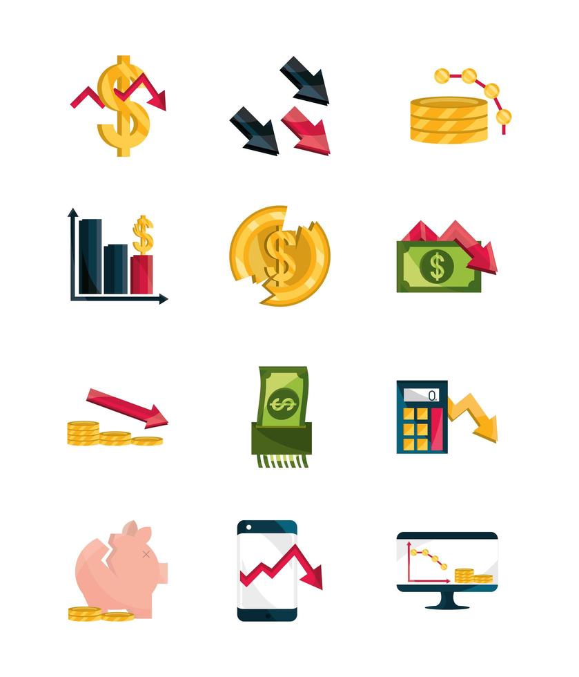 financial business crisis economy money stock market crash icons set isolated icon vector