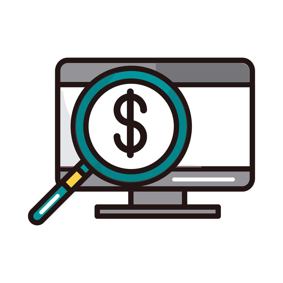 computer money magnifier analysis shopping or payment mobile banking line and fill icon vector