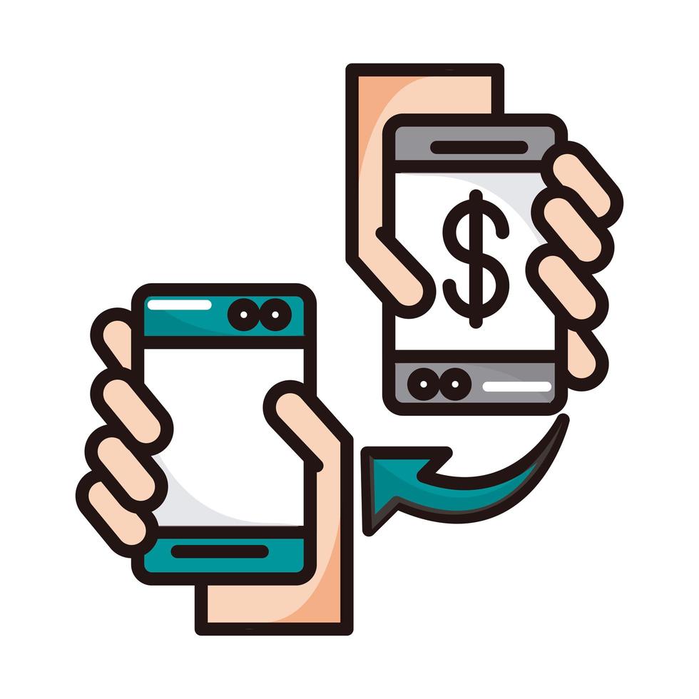 hands with smartphones devices transfer money shopping or payment mobile banking line and fill icon vector