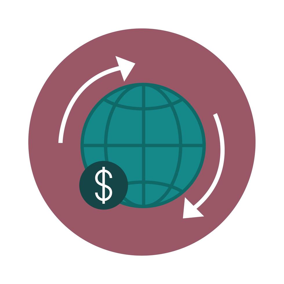 banca móvil alrededor del icono de estilo de bloque de finanzas de intercambio mundial vector