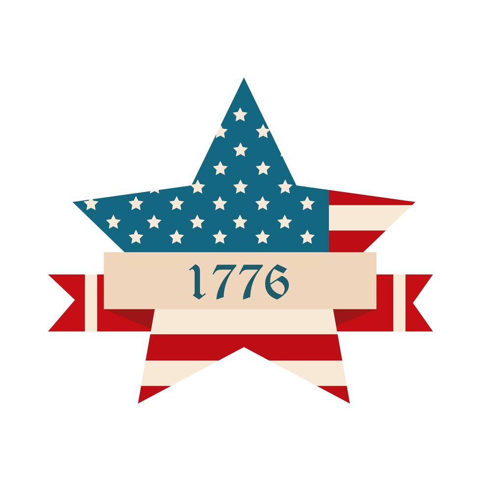 happy independence day american flag star shape and ribbon insignia flat style icon vector