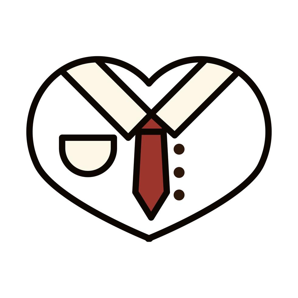 Feliz día del padre camisa y corbata en el corazón amor decoración celebración línea e icono de relleno vector
