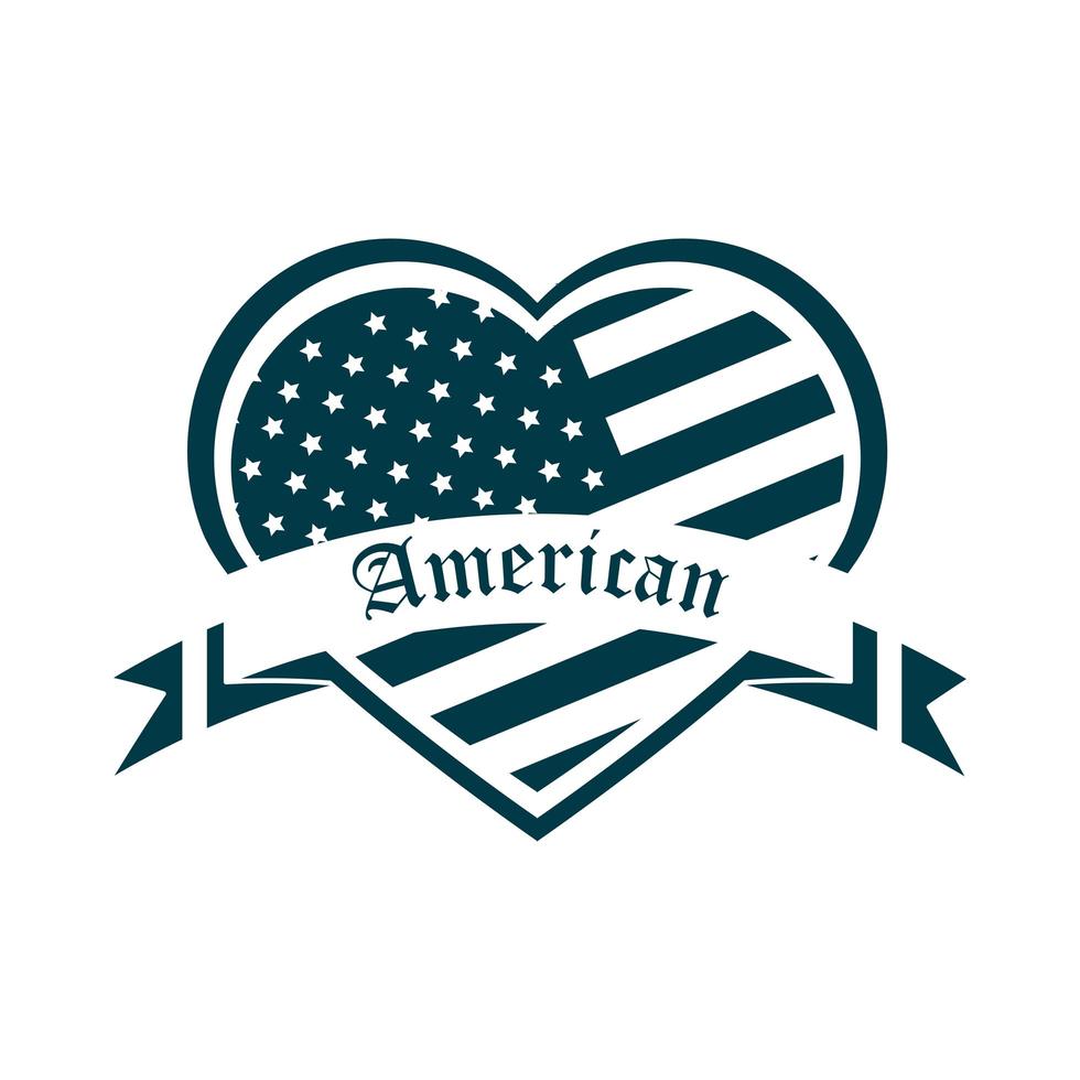 happy independence day american flag shaped heart ribbon design silhouette style icon vector