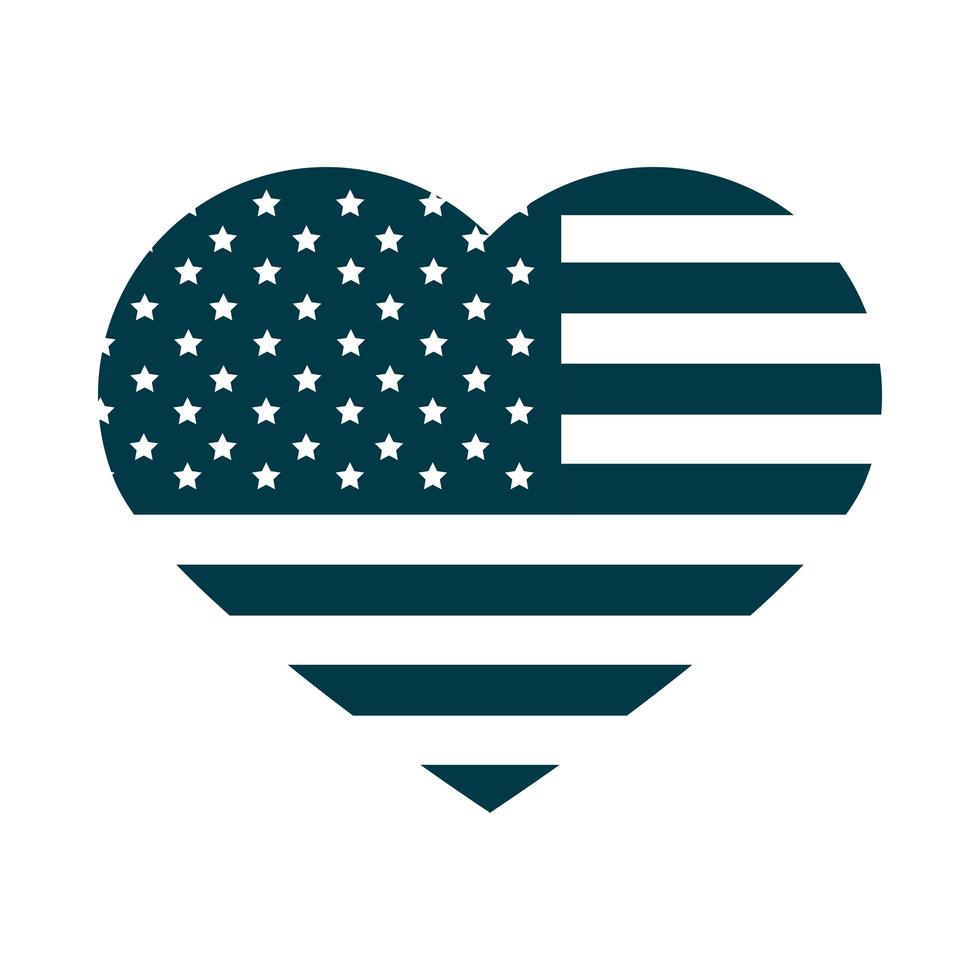 feliz día de la independencia bandera americana en forma de corazón amor nación silueta estilo icono vector