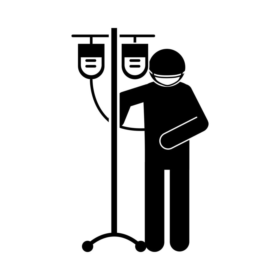 coronavirus covid 19 patient with protective mask and iv stand medication health pictogram silhouette style icon vector