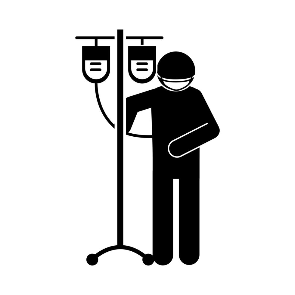 coronavirus covid 19 paciente con máscara protectora y soporte iv icono de estilo de silueta de pictograma de salud de medicación vector