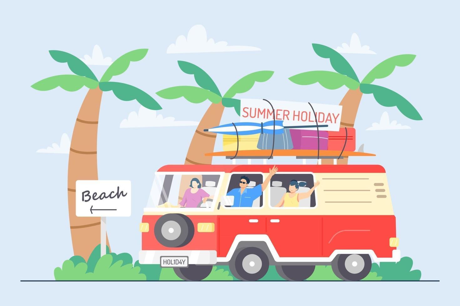 vacaciones de verano en coche en la ilustración de la playa vector