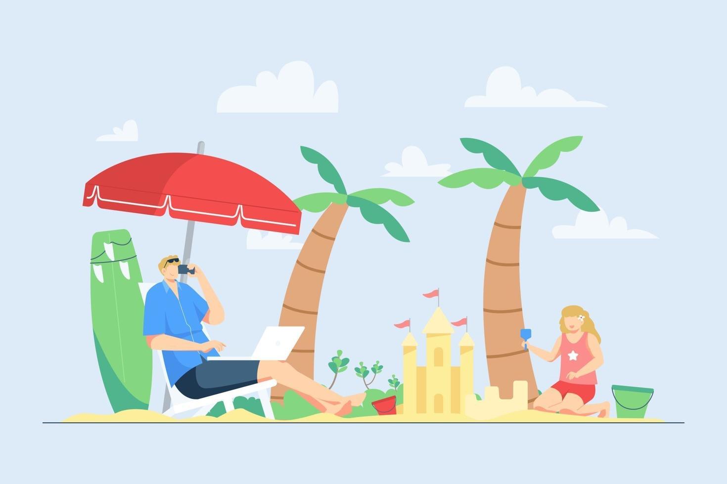 Man working on the beach while holiday with family vector