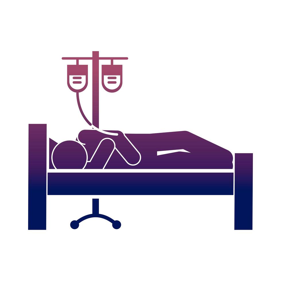 coronavirus covid 19 sick person in bed hospital with iv stand medicine health pictogram gradient style icon vector