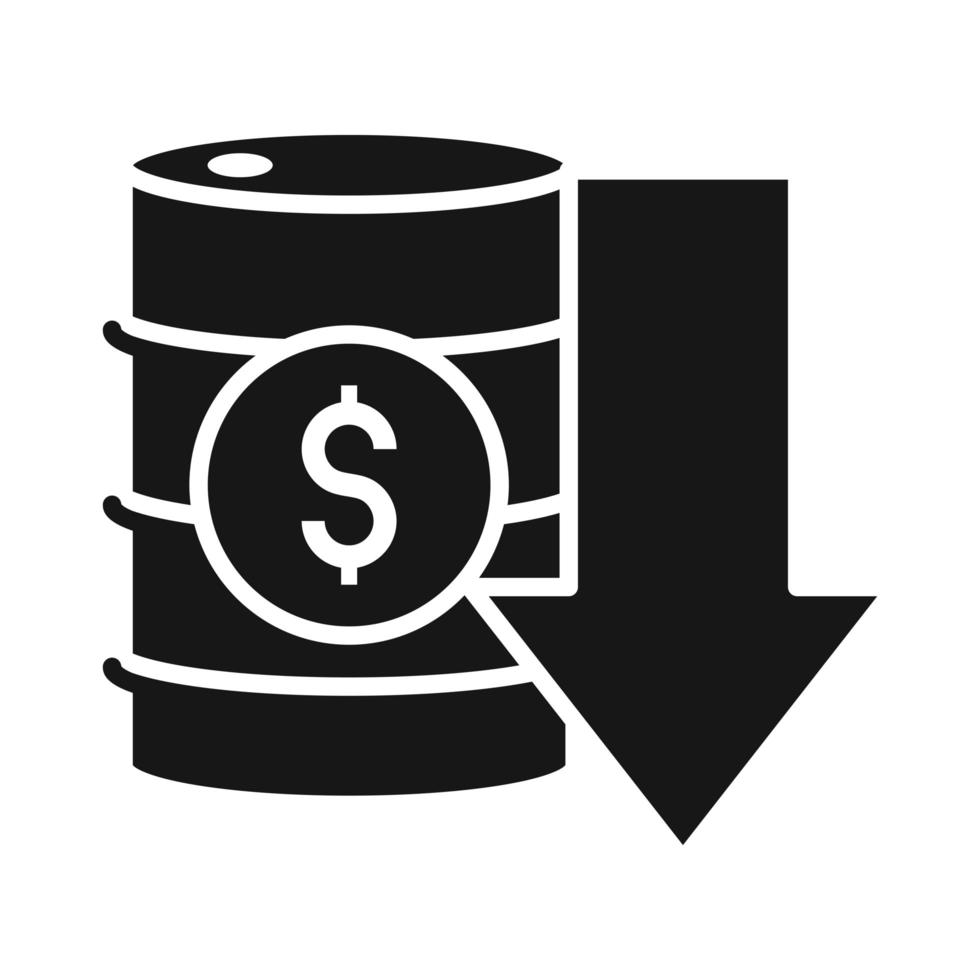 barril dinero abajo crisis empresarial economía precio del petróleo caída silueta estilo icono vector