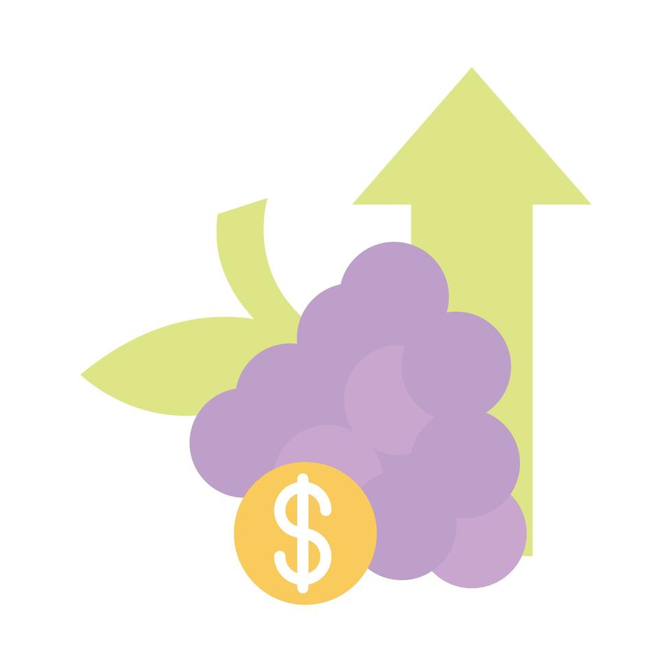 racimo de uvas frutas demandan dinero flecha hacia arriba aumento de precios de alimentos icono de estilo plano vector
