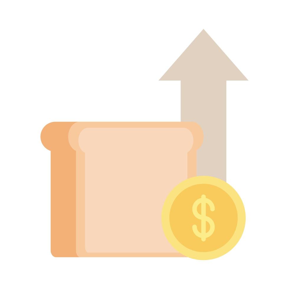 slice bread bakery money coin up arrow rising food prices flat style icon vector