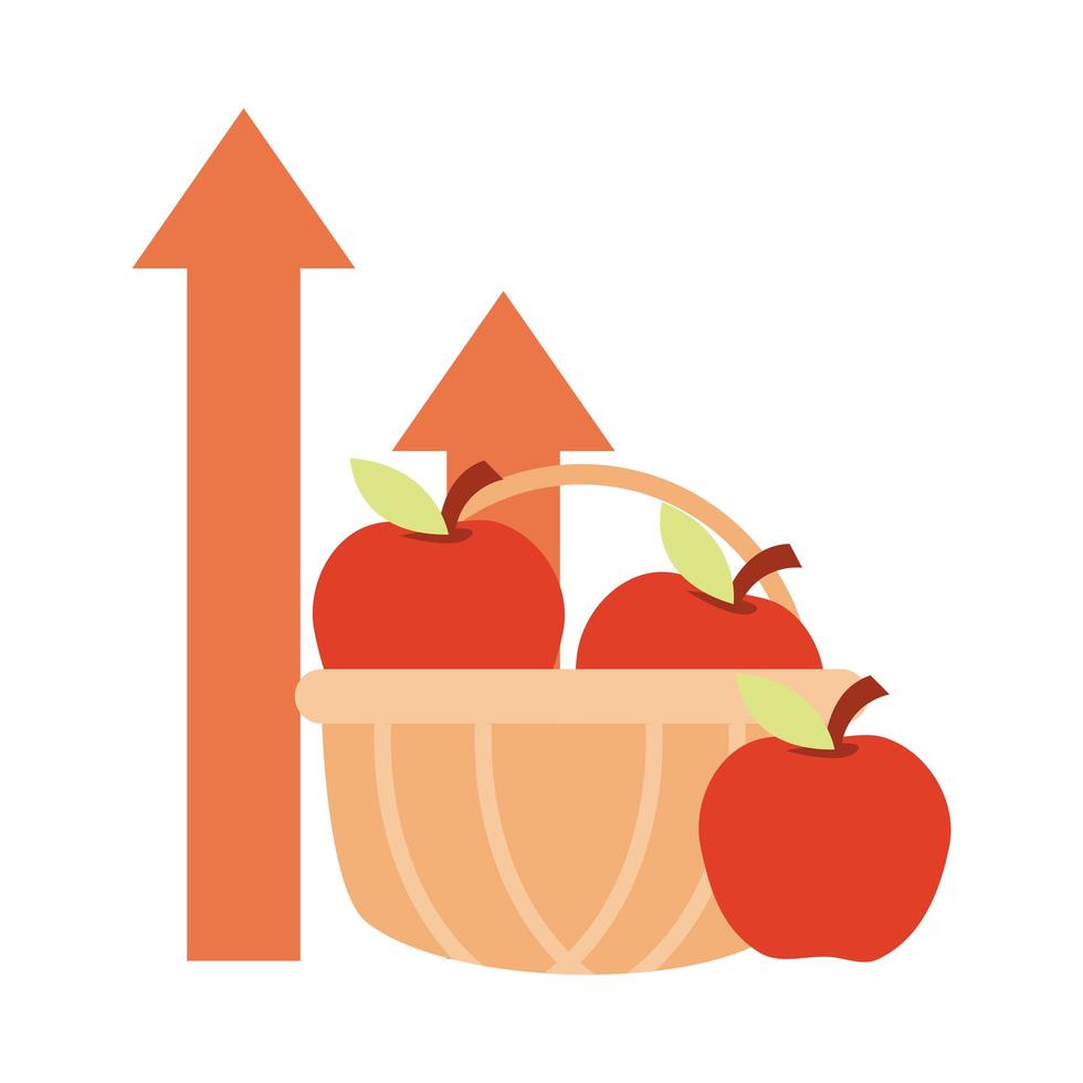 filled shopping basket with apple up arrows rising food prices flat style icon vector