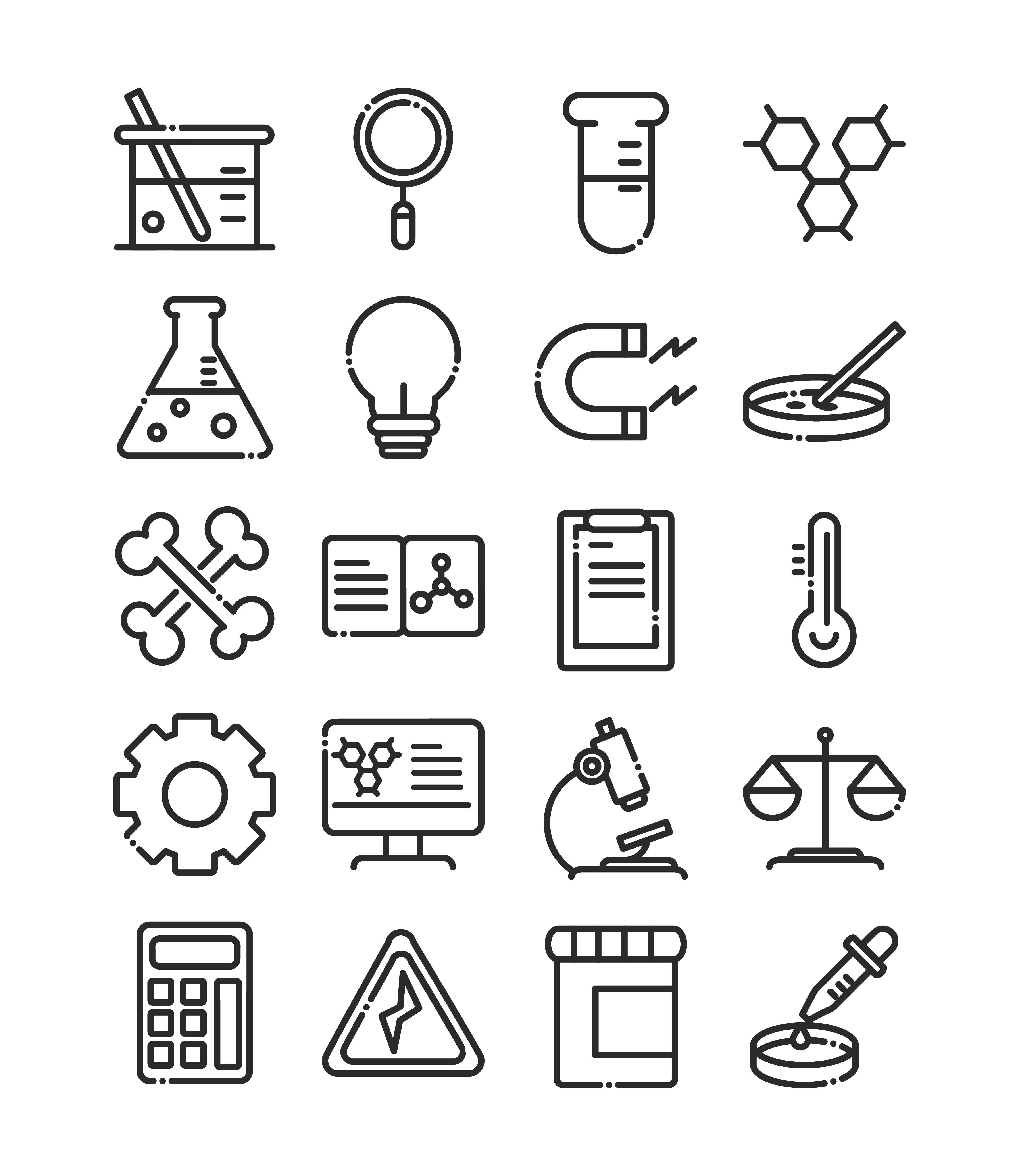 science and research laboratory study icons collection line style icon