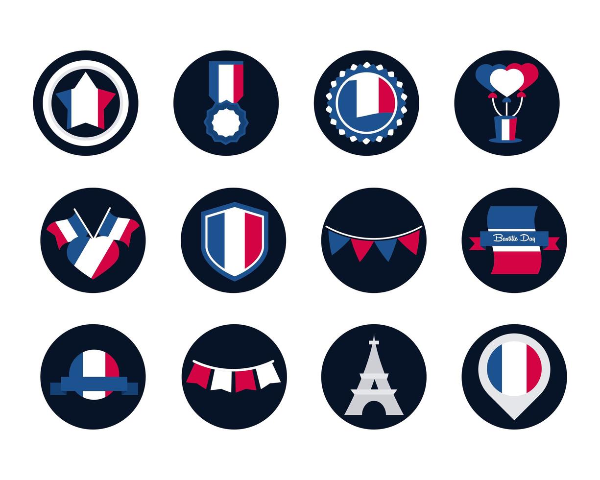 Francia y el bloque del día de la bastilla y el diseño del vector del conjunto de iconos de estilo plano