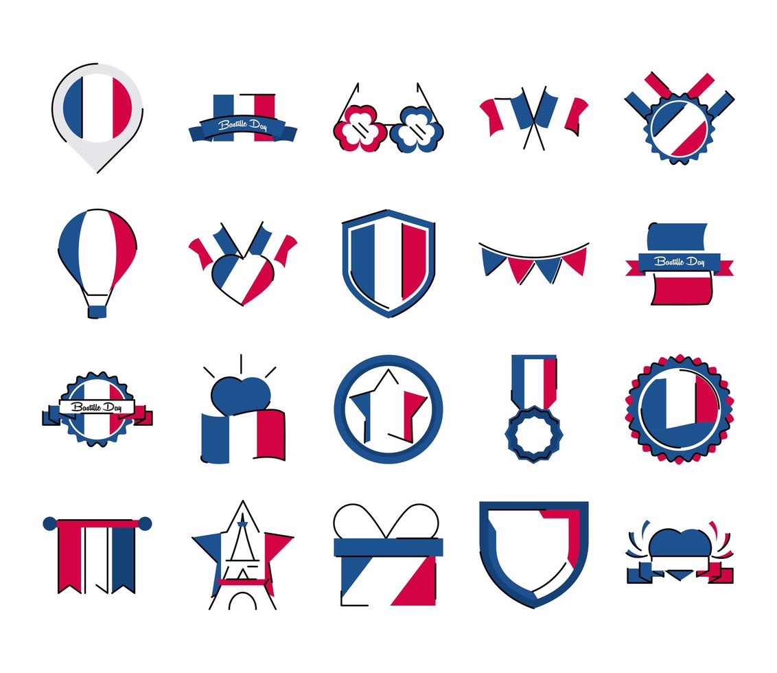 Francia y el día de la bastilla línea y estilo de relleno conjunto de iconos de diseño vectorial vector