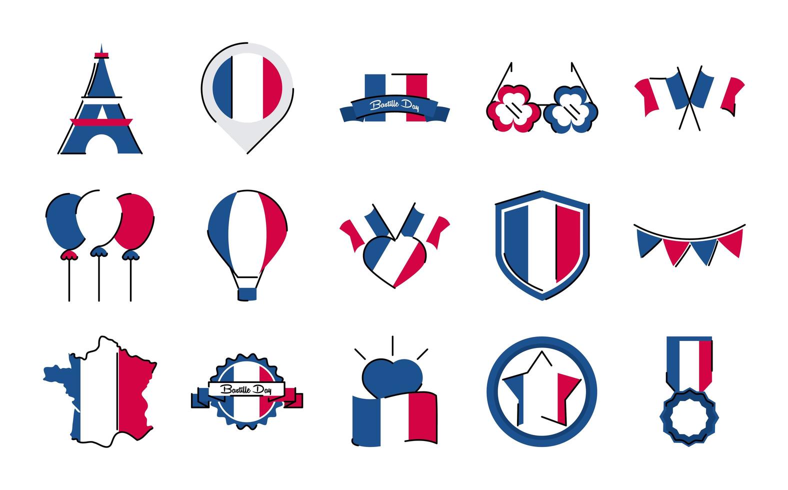 Francia y el día de la bastilla línea y estilo de relleno conjunto de iconos de diseño vectorial vector