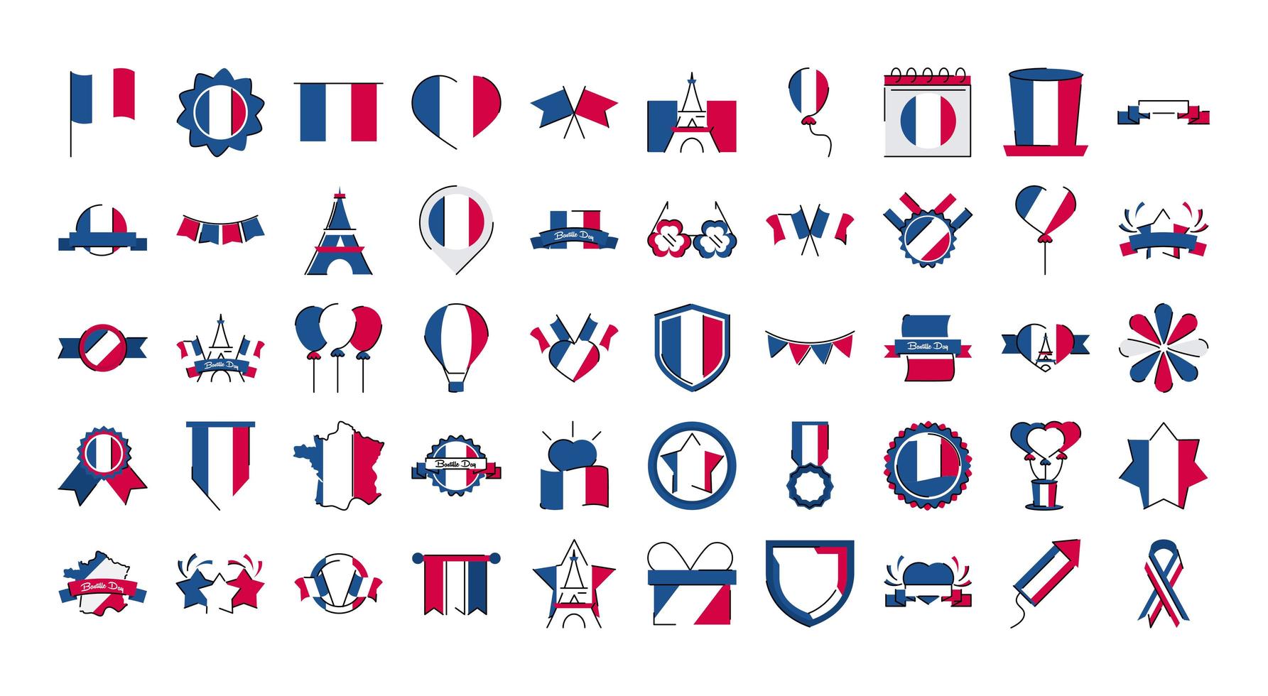 Francia y el día de la bastilla línea y estilo de relleno conjunto de iconos de diseño vectorial vector