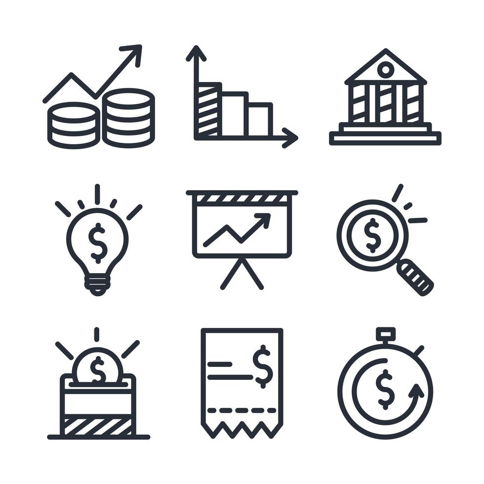 diseño vectorial de conjunto de iconos de estilo de línea de economía y finanzas vector