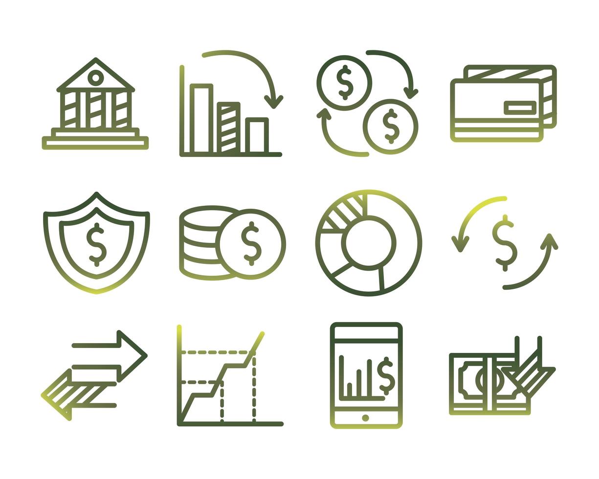 economía y finanzas estilo degradado conjunto de iconos diseño vectorial vector