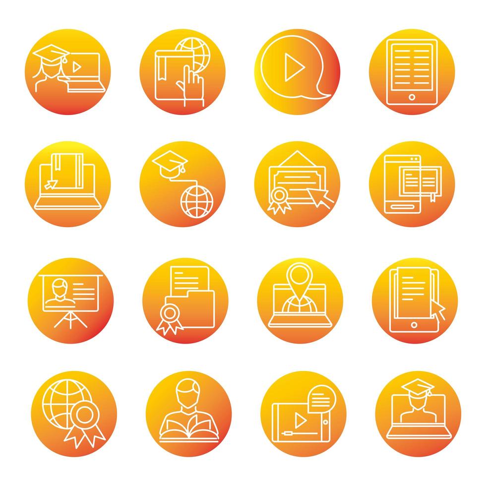 elearning online education and development class set gradient style icon vector