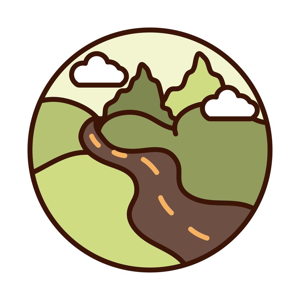 landscape nature valley road mountains line and fill icon vector