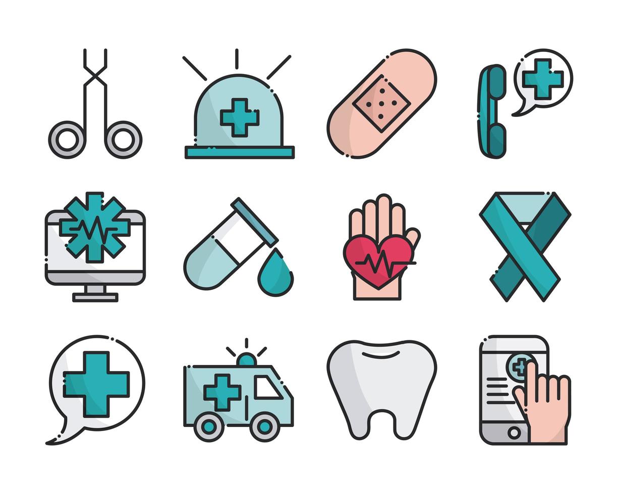 medical health care equipment assistance support icons set line and fill style vector