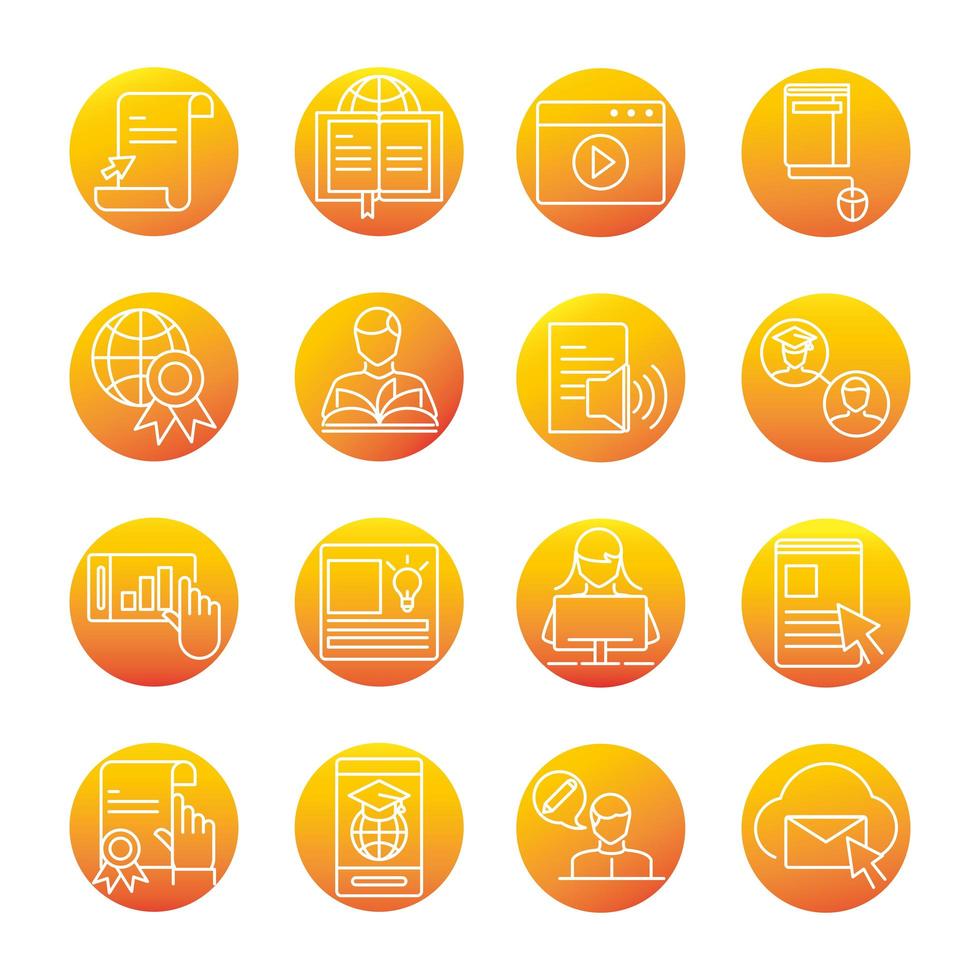 elearning online education and development class set gradient style icon vector