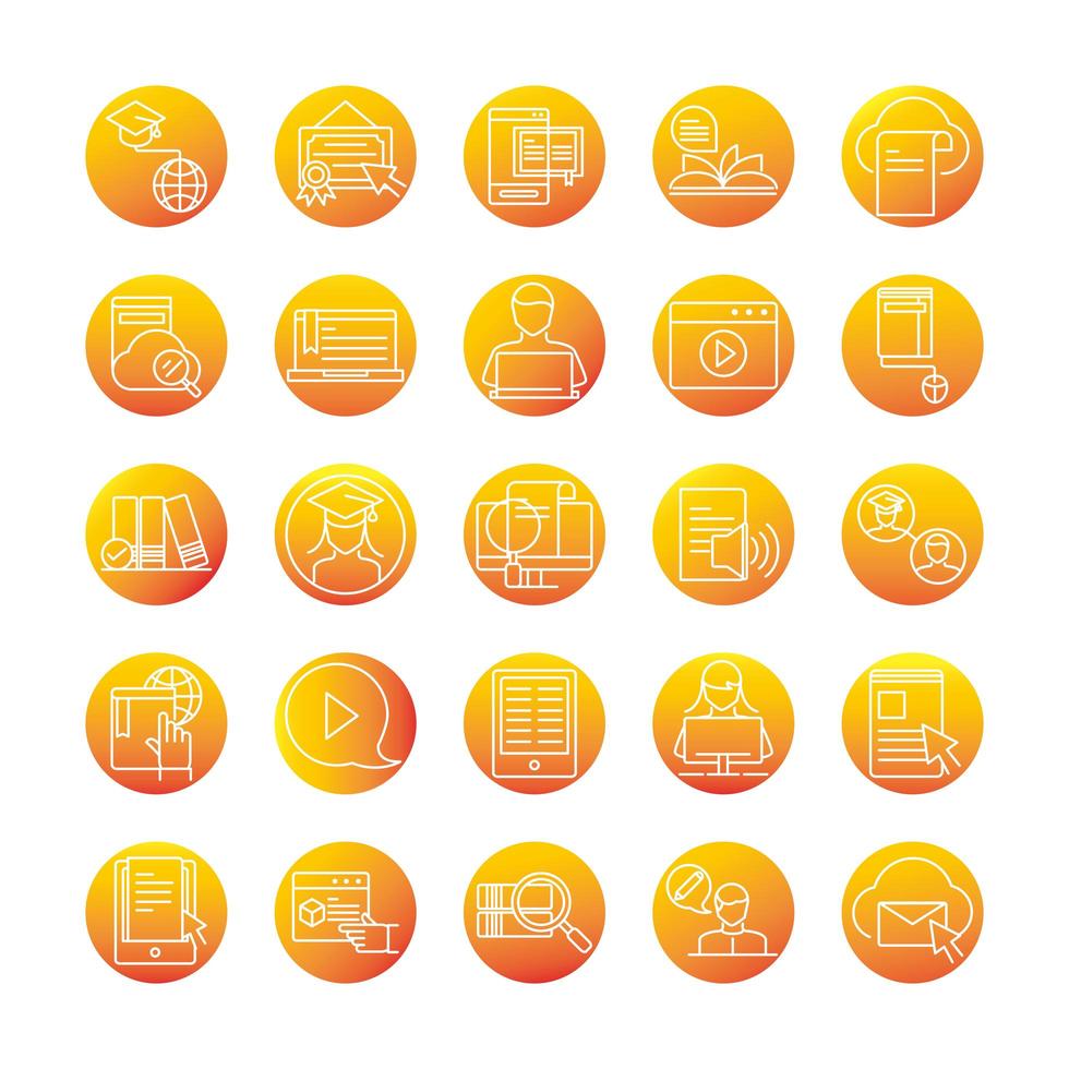 elearning online education and development class set gradient style icon vector