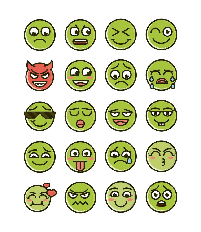 emoticon, divertido, smiley, caras, expresión, iconos, conjunto vector