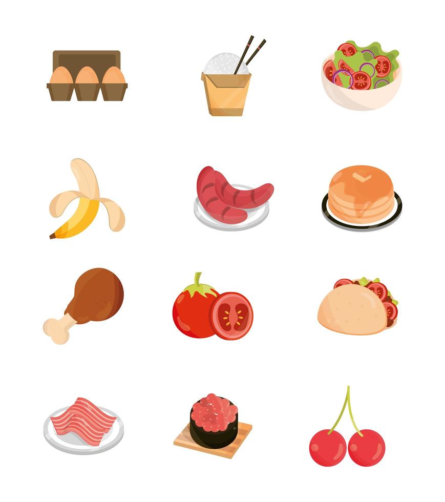 menú de comida, restaurante, snack, ingrediente, plano, estilo, iconos, conjunto vector