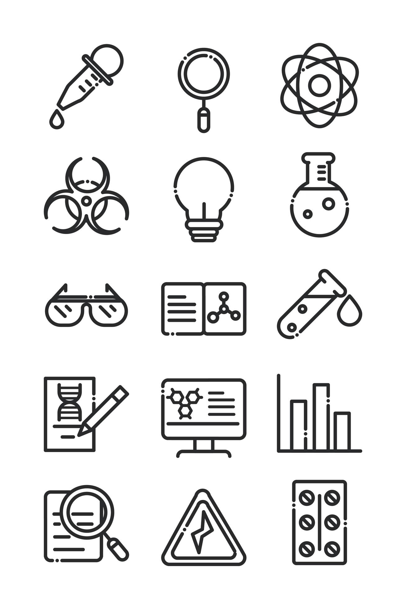 science and research laboratory study icons collection line style icon