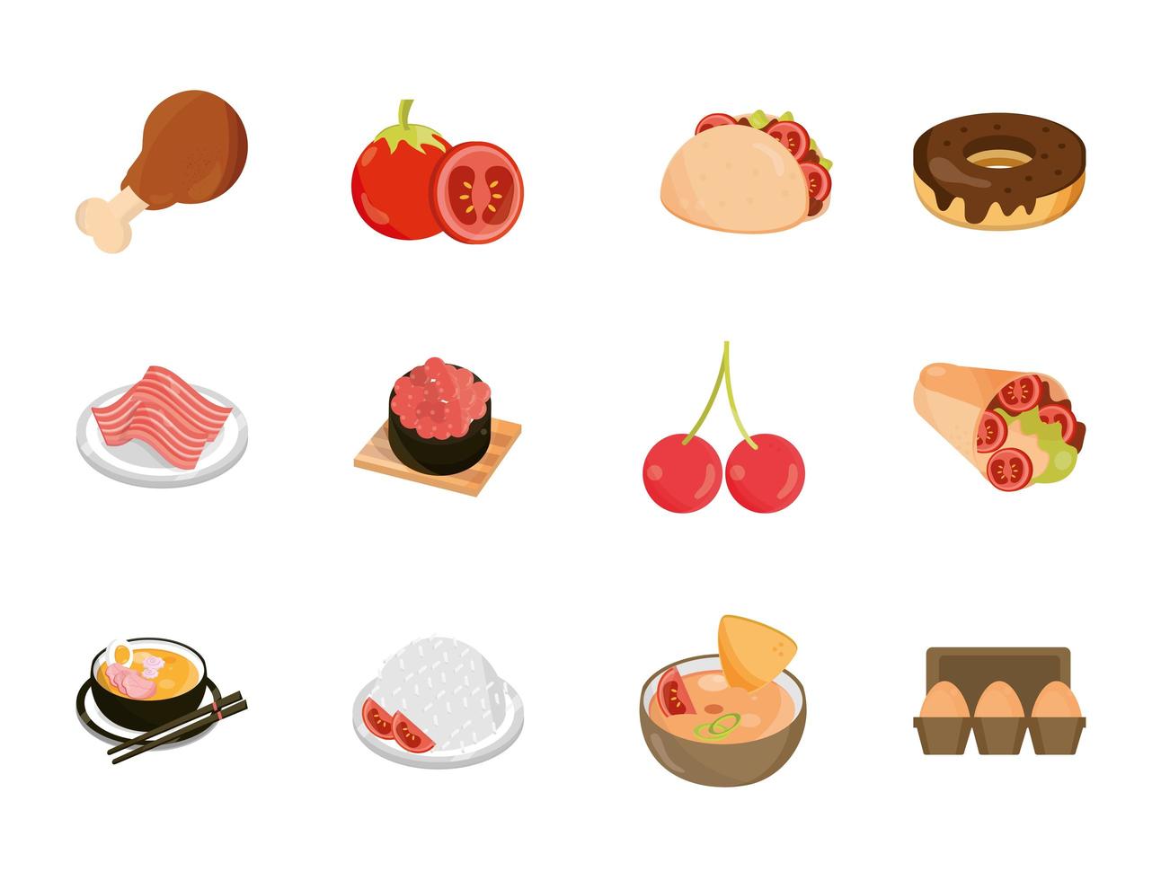 food menu restaurant snack ingredient flat style icons set vector