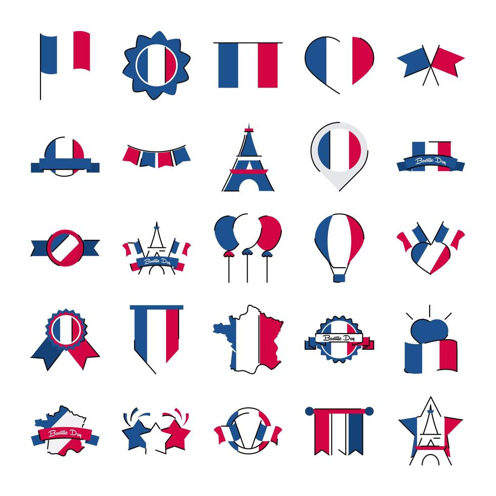 France and bastille day line and fill style icon set vector design