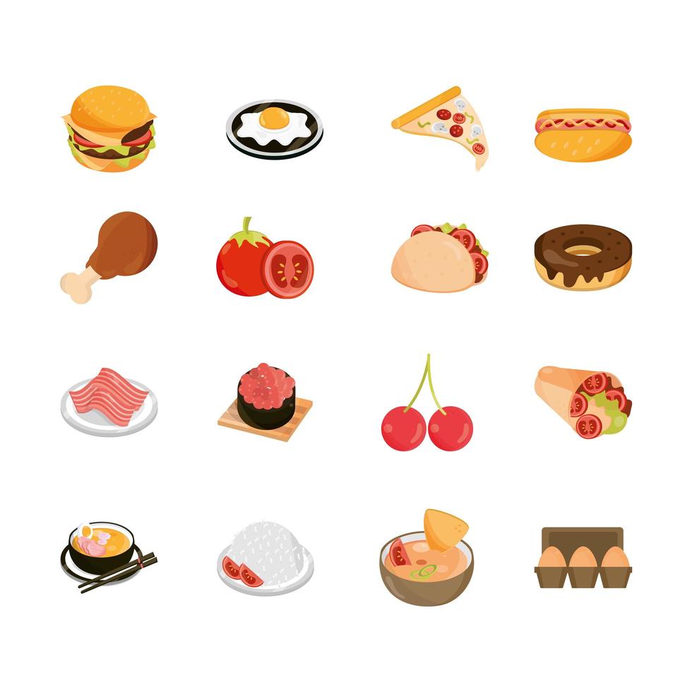 menú de comida, restaurante, snack, ingrediente, plano, estilo, iconos, conjunto vector