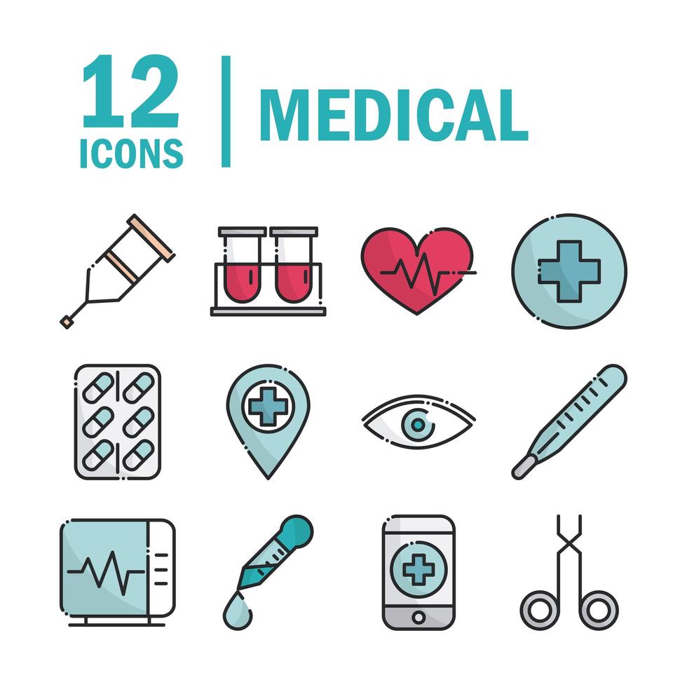 medical health care equipment assistance support icons set line and fill style vector