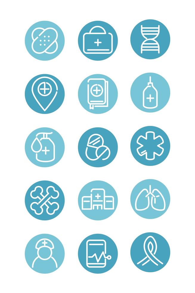 medical and health care equipment assistance icon set block style vector