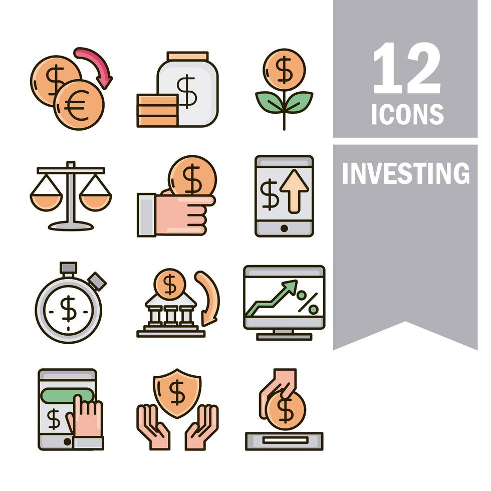 investing business financial economy money icons set line and fill icon vector